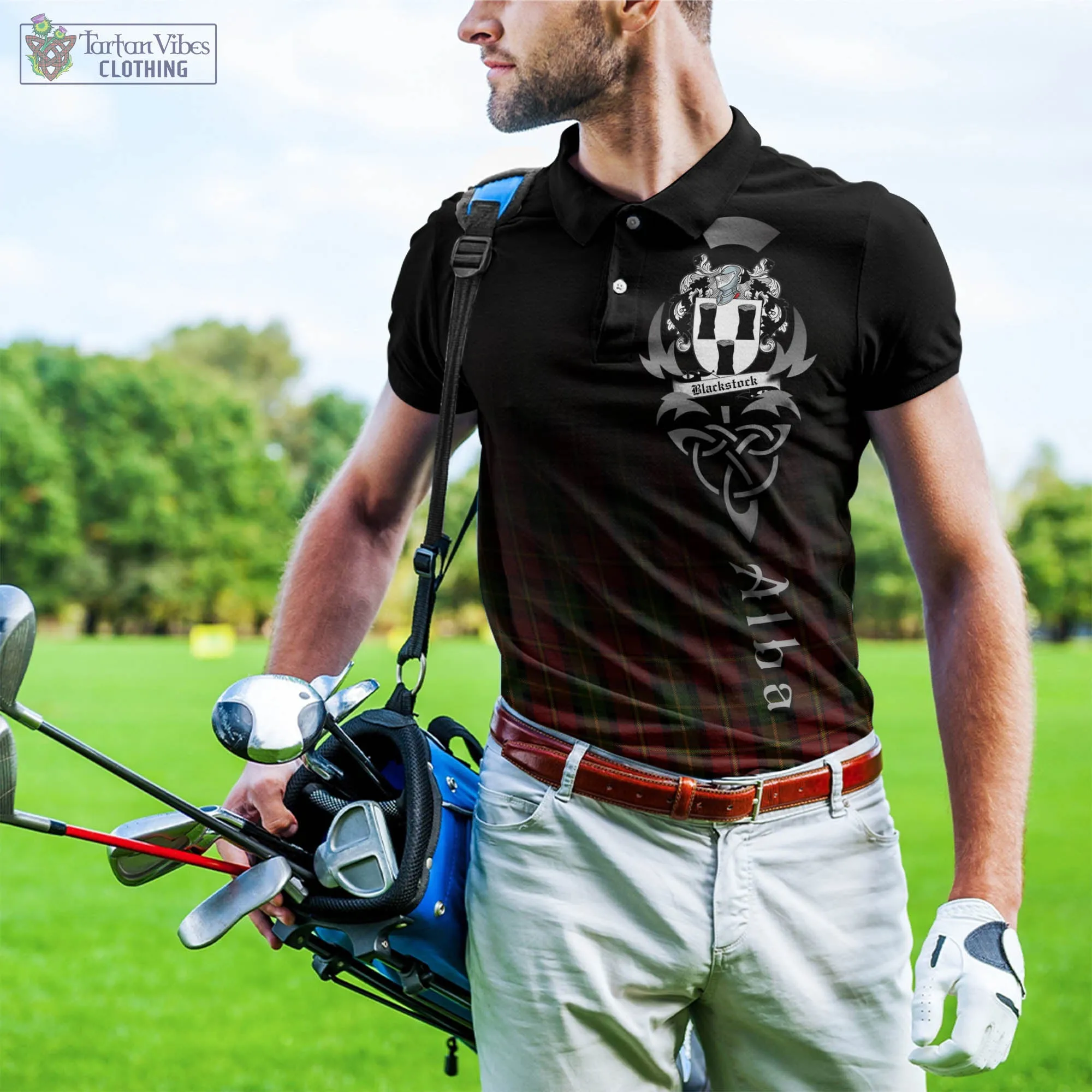 Blackstock Red Dress Tartan Polo Shirt Featuring Alba Gu Brath Family Crest Celtic Inspired