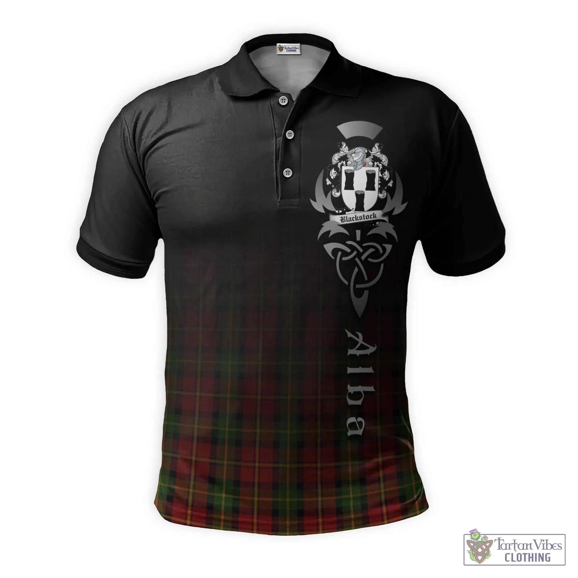 Blackstock Red Dress Tartan Polo Shirt Featuring Alba Gu Brath Family Crest Celtic Inspired