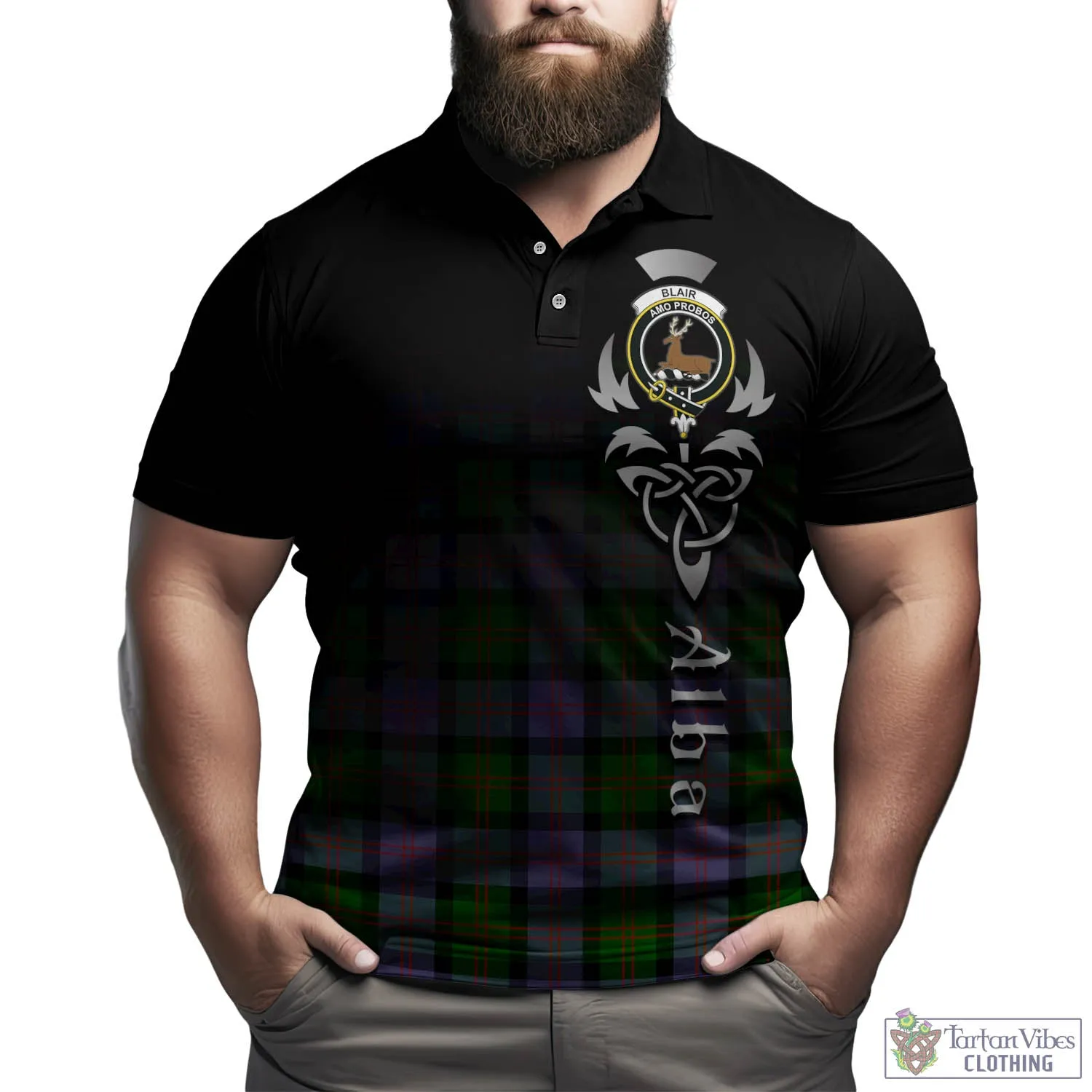 Blair Modern Tartan Polo Shirt Featuring Alba Gu Brath Family Crest Celtic Inspired