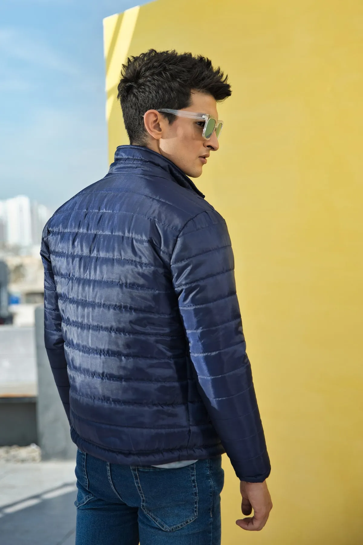 Blue Horizontal Quilt Puffer Jacket - W22 - MJ0006R