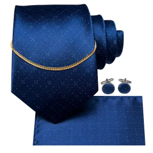 Blue Novelty Plaid Tie Set Silk Tie Hank Cufflinks Set With Golden Chain