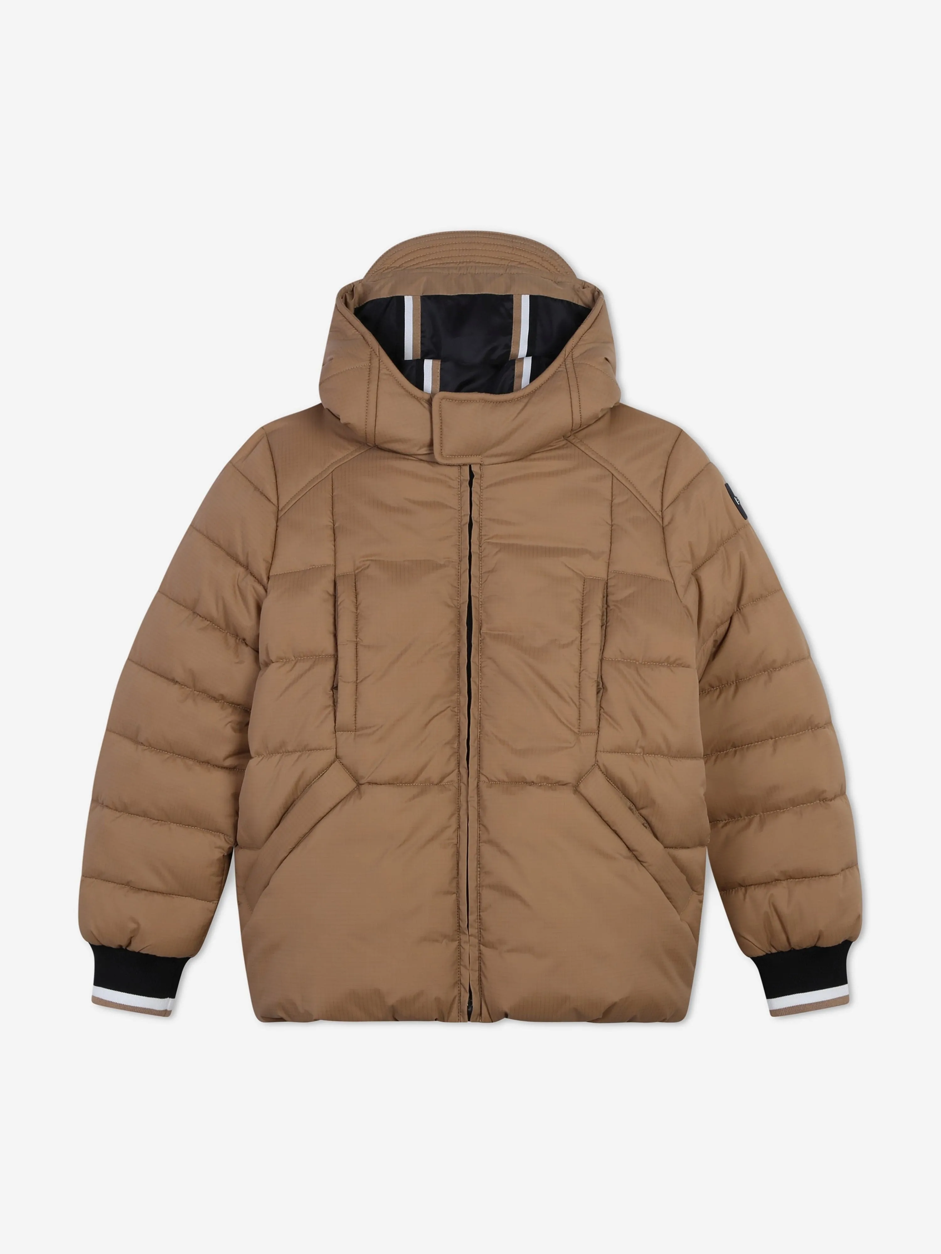 BOSS Boys Logo Puffer Jacket in Brown