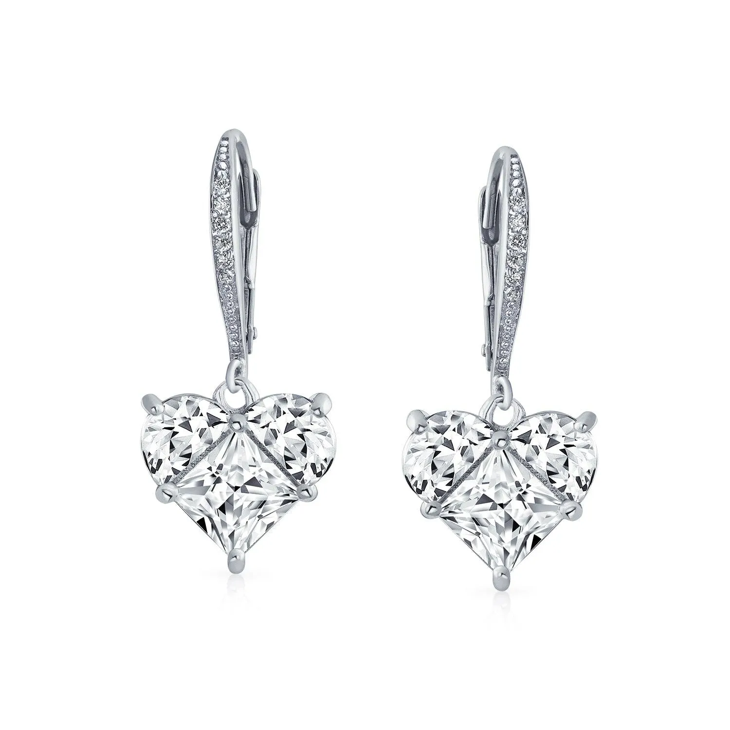 Bridal 4CT Heart Dangle Lever back Earrings AAA CZ .925 Sterling Silver