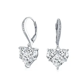 Bridal 4CT Heart Dangle Lever back Earrings AAA CZ .925 Sterling Silver