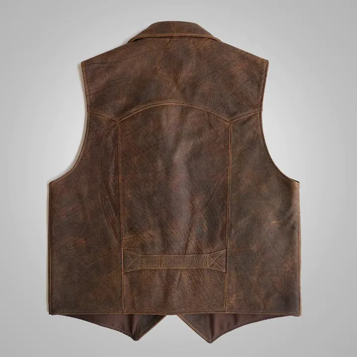 Brown Sheepskin Leather Cowboy Vest for Men