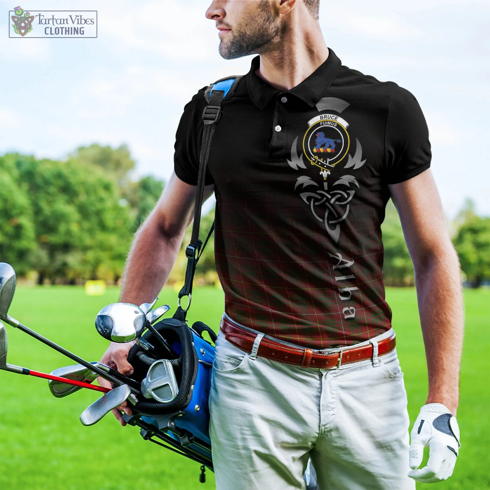 Bruce Modern Tartan Polo Shirt Featuring Alba Gu Brath Family Crest Celtic Inspired