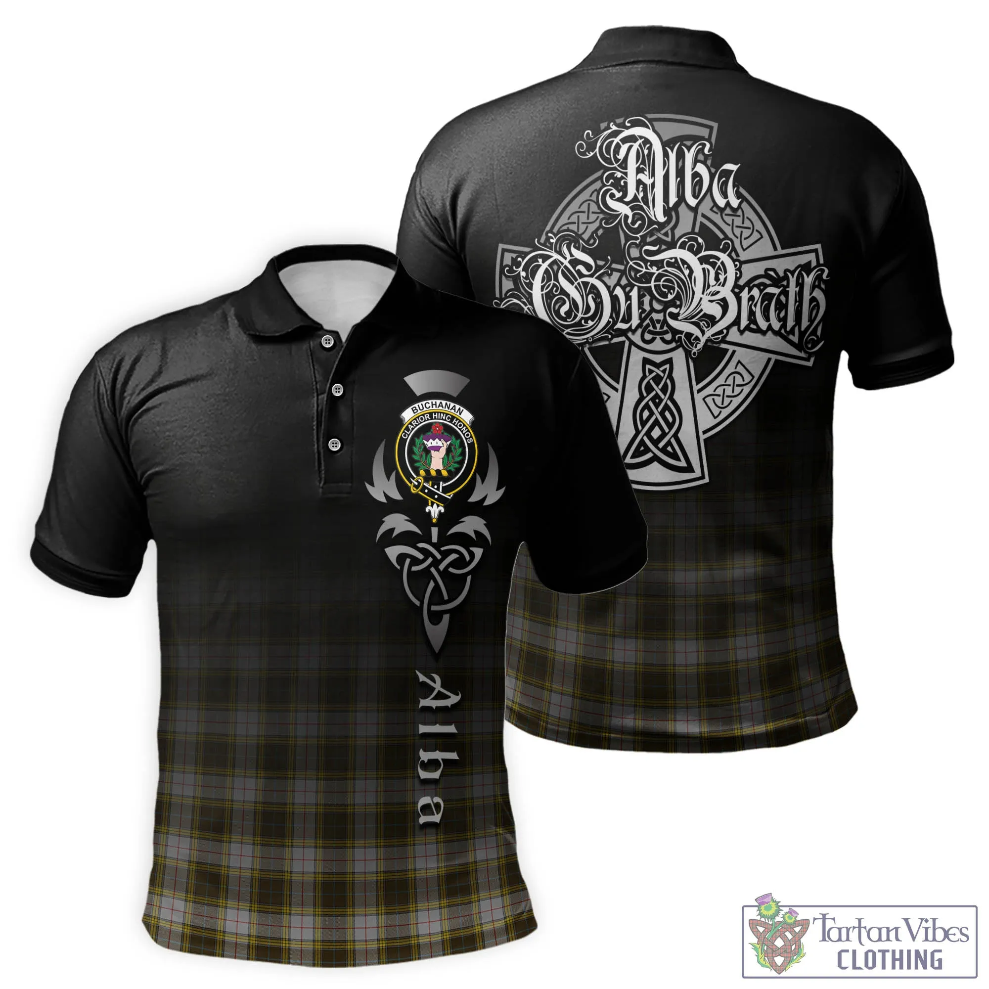 Buchanan Dress Tartan Polo Shirt Featuring Alba Gu Brath Family Crest Celtic Inspired