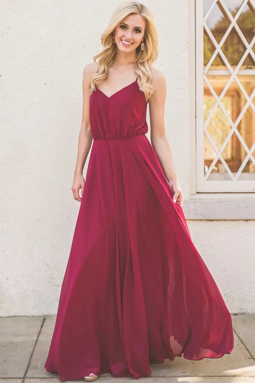 Burgundy Chiffon Bridesmaid Dresses 2018 A Line Full Length Maid of Honor Dress criss cross spaghetti straps Bridal Party Gonws