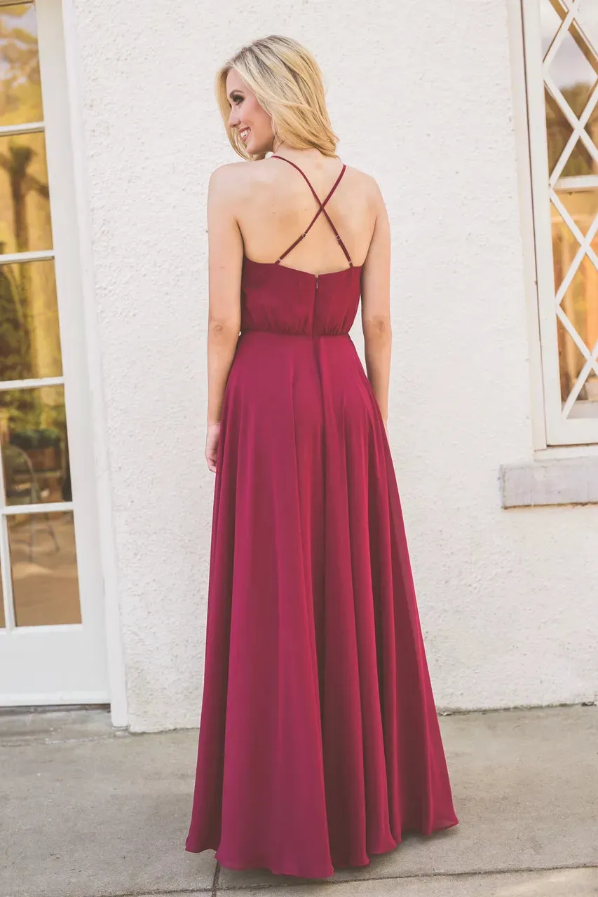 Burgundy Chiffon Bridesmaid Dresses 2018 A Line Full Length Maid of Honor Dress criss cross spaghetti straps Bridal Party Gonws