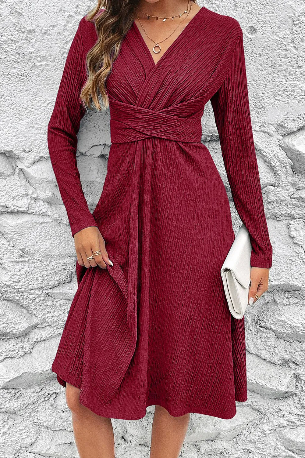 Burgundy Cross Wrap Long Sleeve Textured Dress