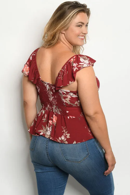 Burgundy Floral Faux Wrap Plus Size Peplum Top