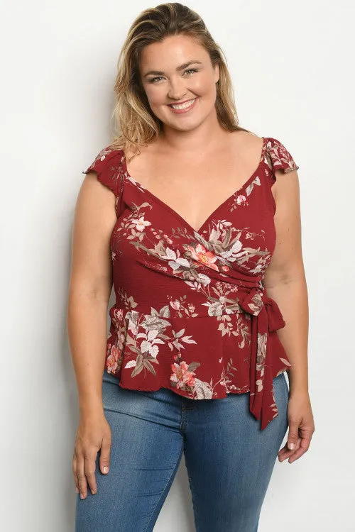 Burgundy Floral Faux Wrap Plus Size Peplum Top