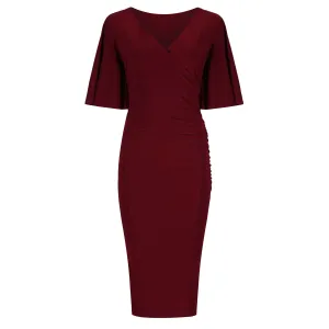 Burgundy Wine Red Butterfly Sleeve Slinky Pencil Cocktail Dress