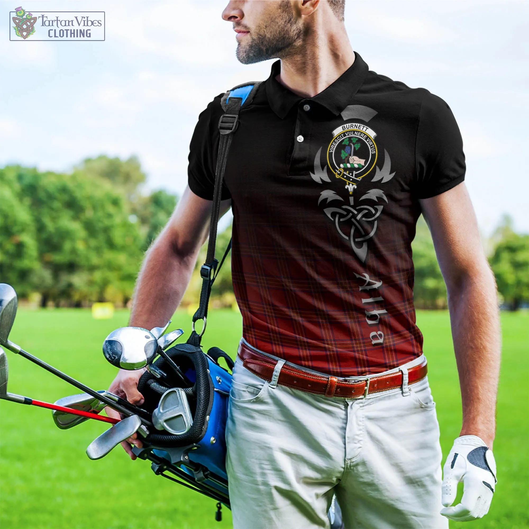 Burnett Modern Tartan Polo Shirt Featuring Alba Gu Brath Family Crest Celtic Inspired