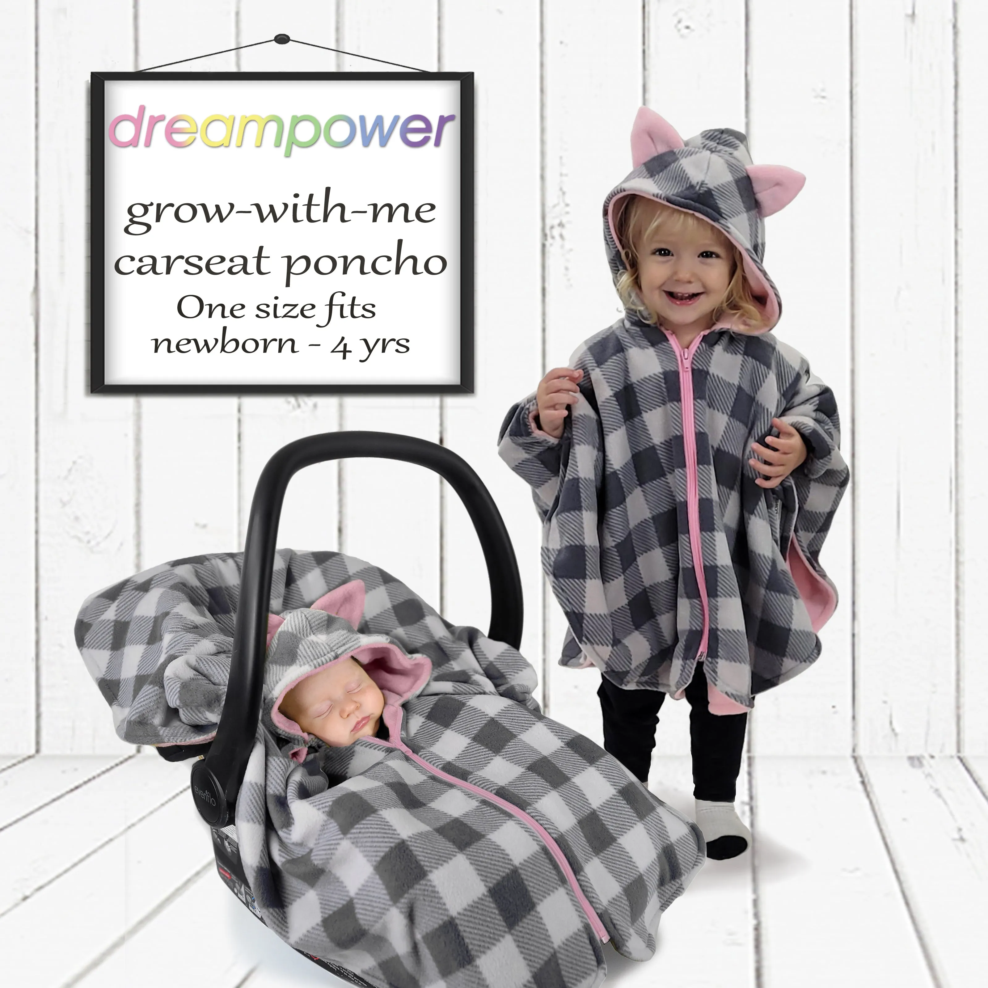 Car Seat Poncho - Lumberjack - Grey Plaid to pink Wolf for newborn to toddler