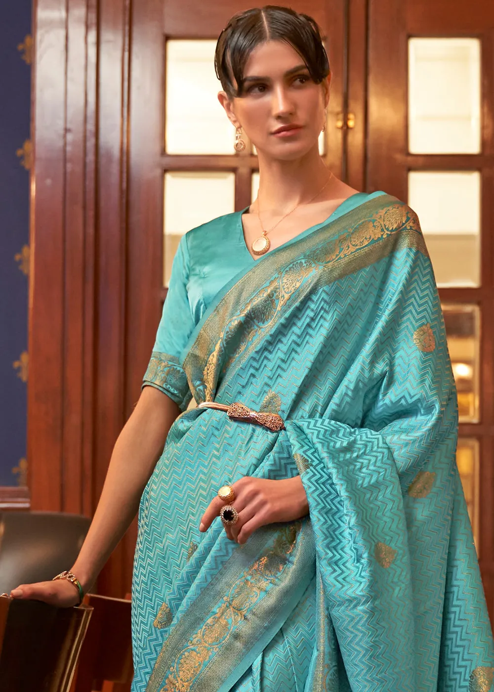 Cerulean Blue Designer Satin Silk Saree