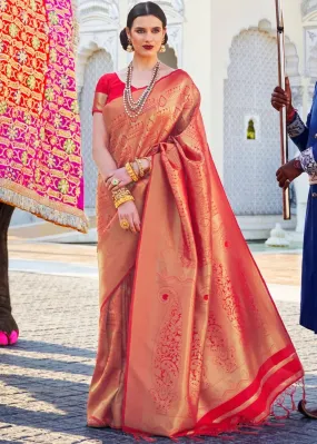 Cherry Red Handloom Weave Kanjivaram Silk Saree