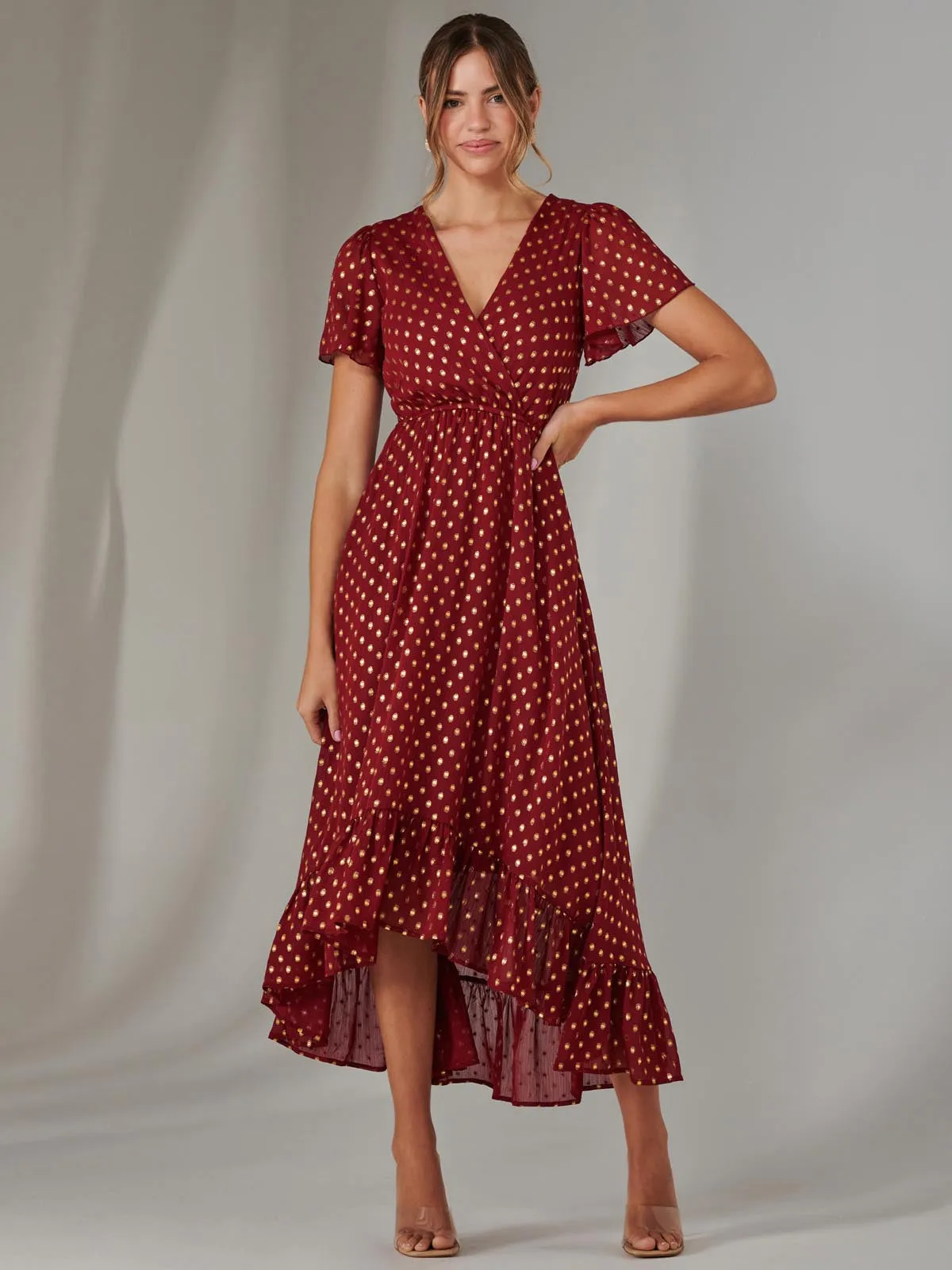 Chiffon Short Sleeve Midaxi Dress, Burgundy