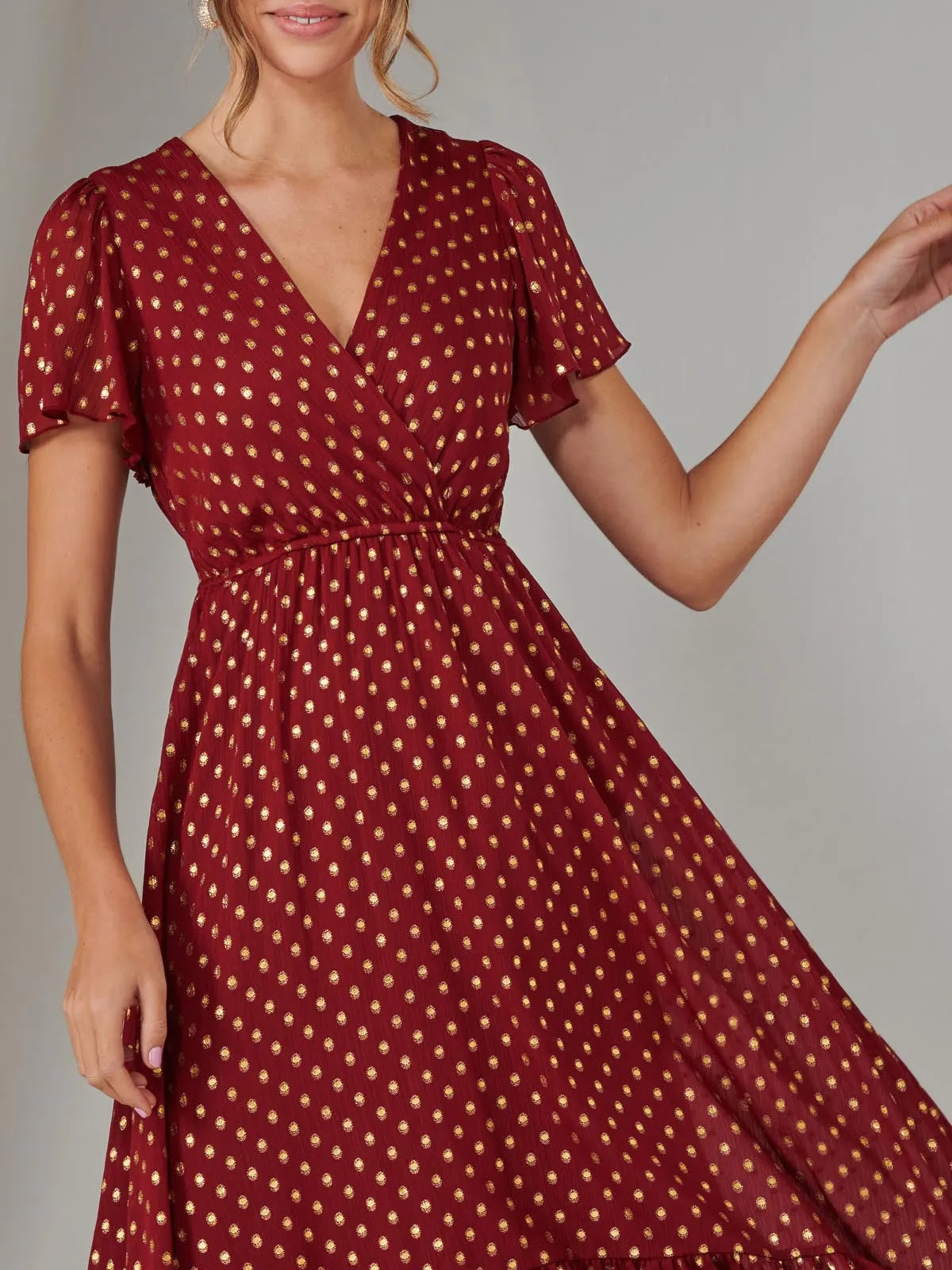 Chiffon Short Sleeve Midaxi Dress, Burgundy