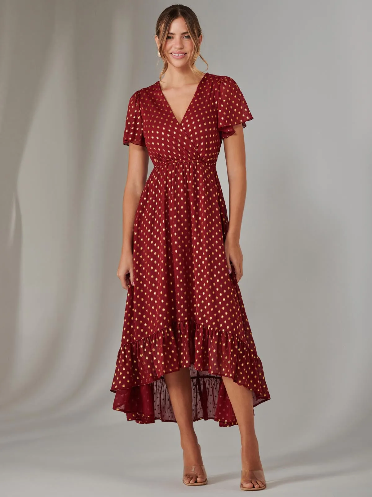 Chiffon Short Sleeve Midaxi Dress, Burgundy