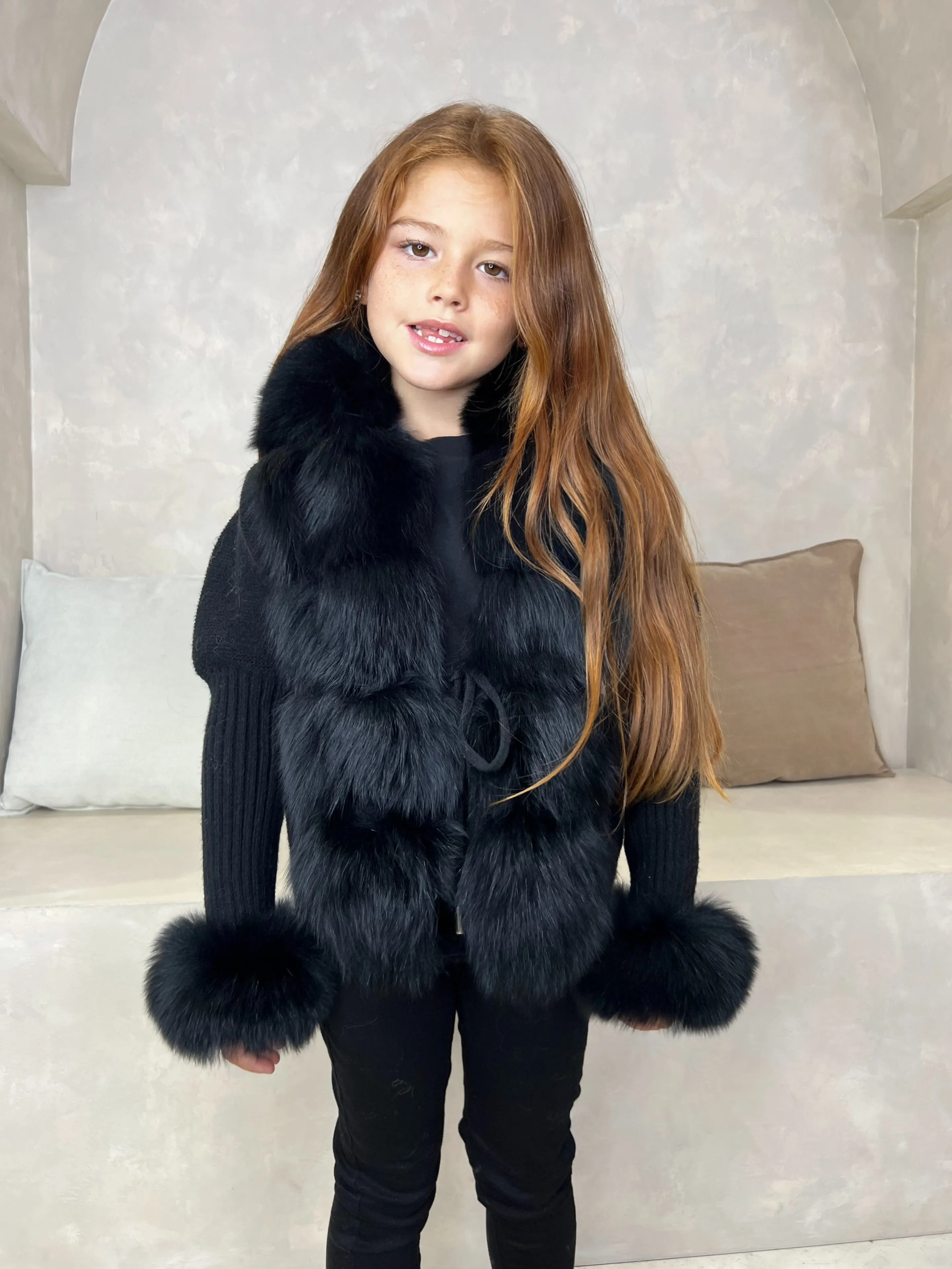 Childrens Black Luxury Fur Cardigan