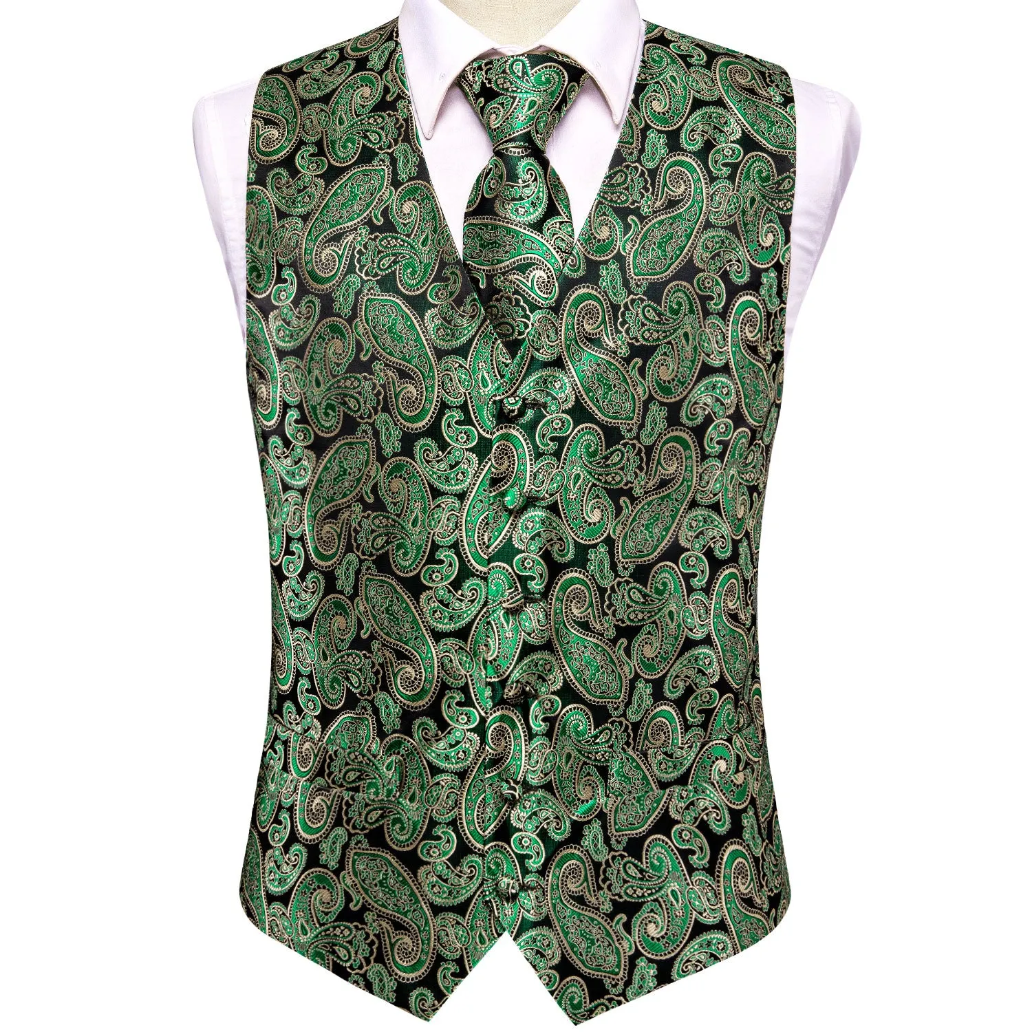 Classic Emerald Green Paisley Silk Men's Vest Hanky Cufflinks Tie Set Waistcoat Suit Set