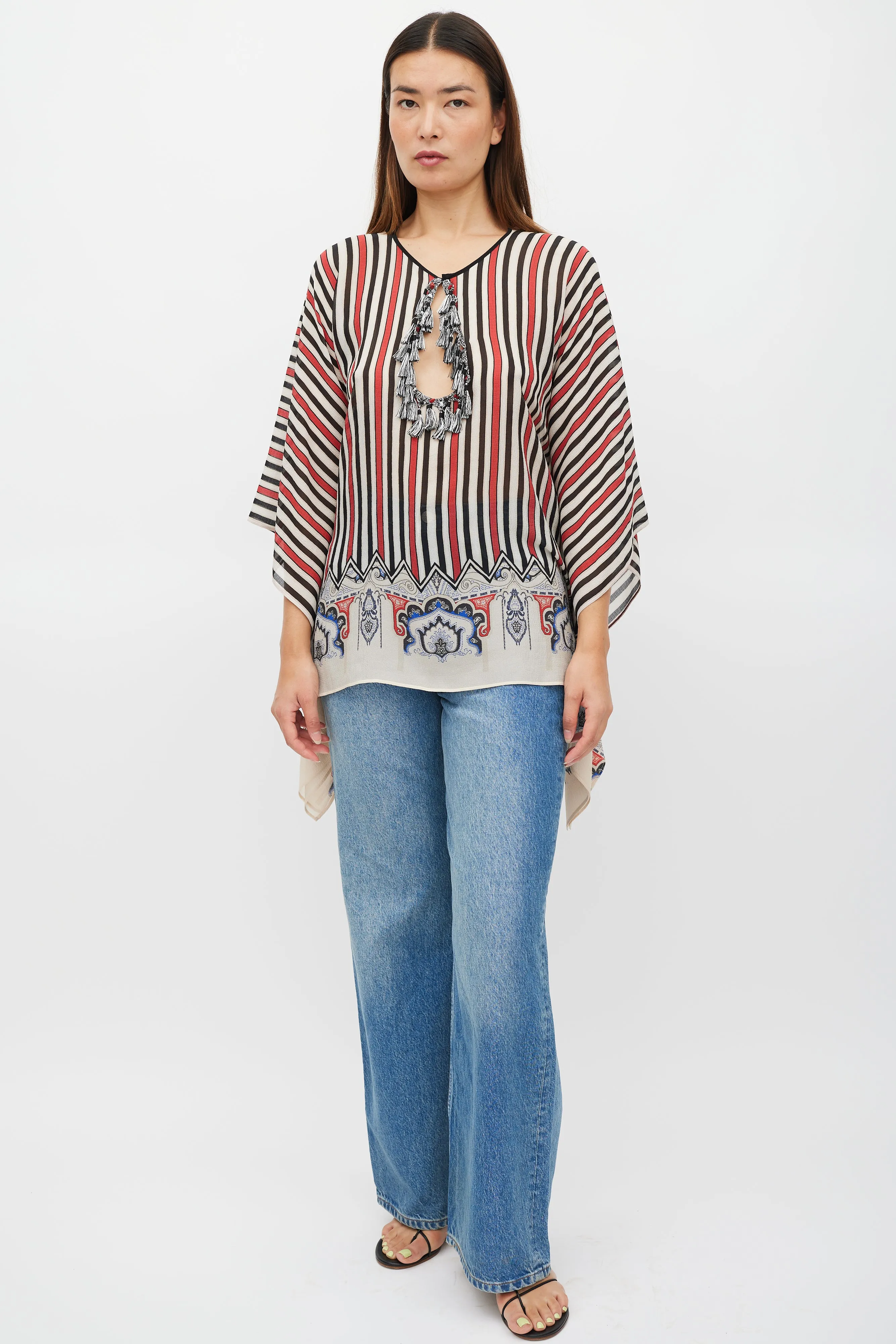 Cream & Multicolour Silk Striped Tassel Poncho