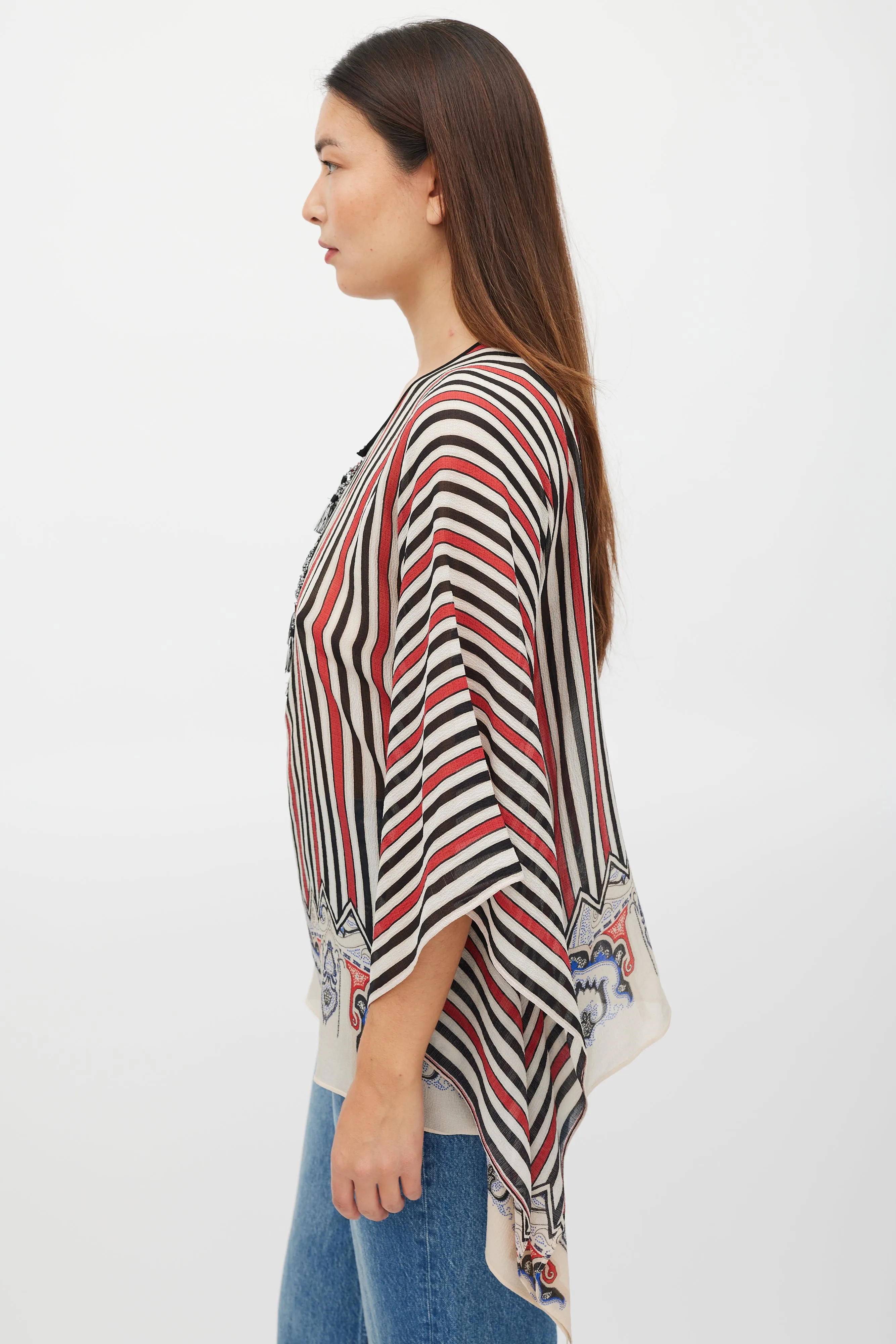 Cream & Multicolour Silk Striped Tassel Poncho