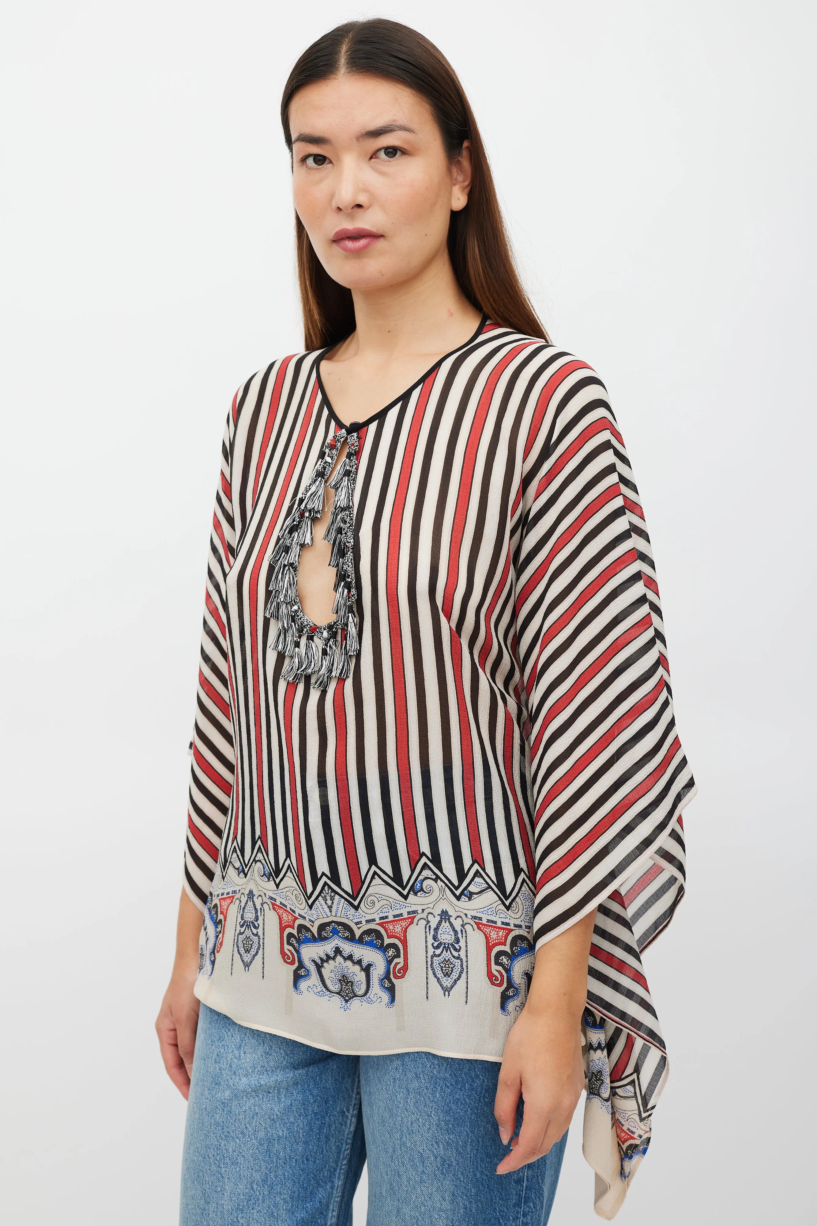 Cream & Multicolour Silk Striped Tassel Poncho