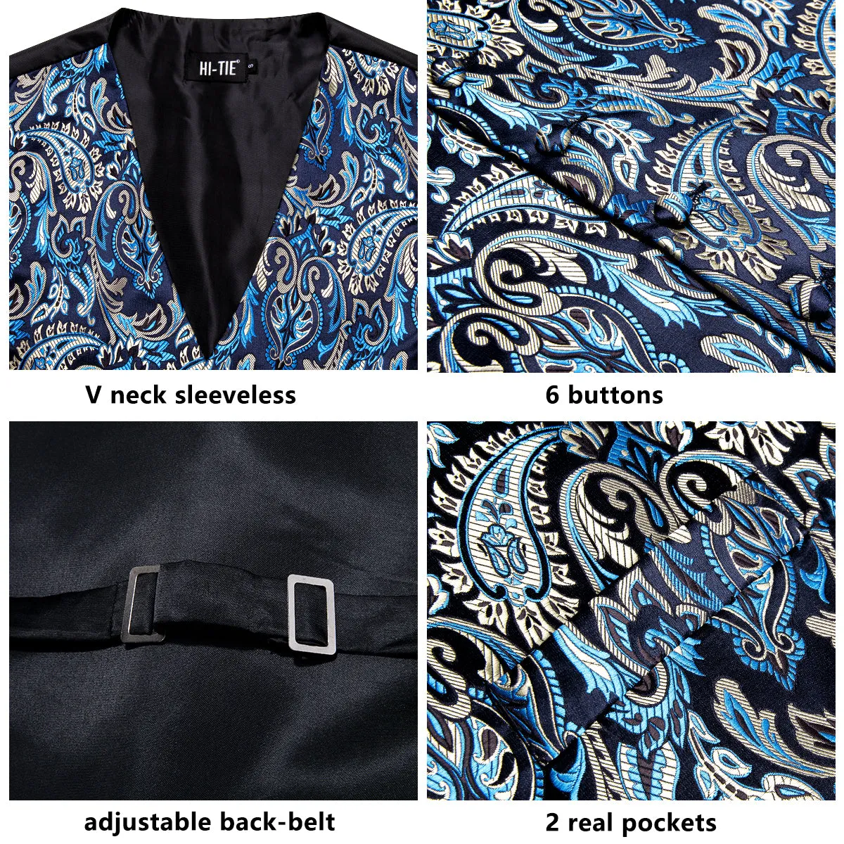 Dark Blue Champagne Paisley Silk Men's Vest Hanky Cufflinks Tie Set Waistcoat Suit Set