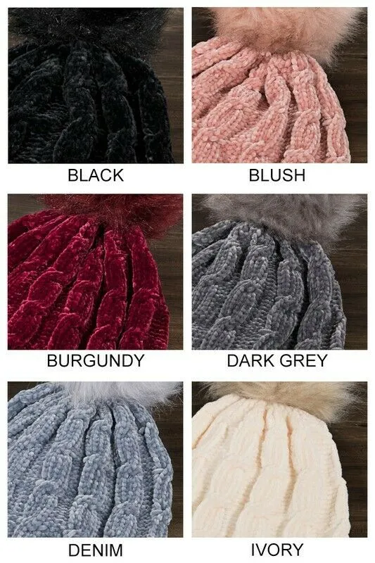 Dark Gray Luxury Chenille Cable Knit Faux Fur Pom Pom Winter Beanie Womens Hat