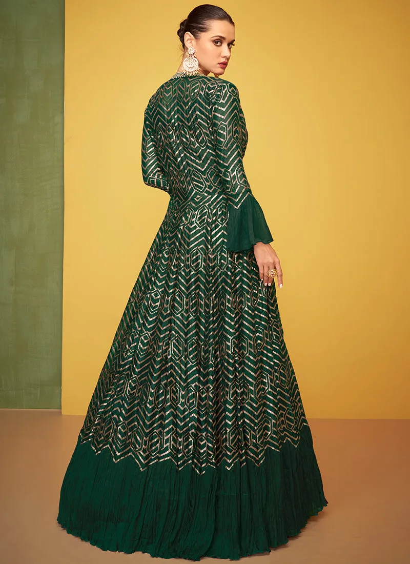 Dark Green Embroidery Jacket Style Anarkali Gown