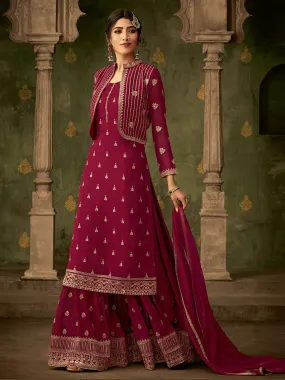 Dark Pink Golden Embroidered Koti Style Georgette Gharara Suit