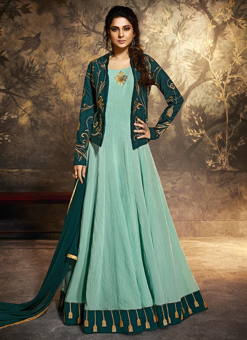 Deep Green Golden Embroidered Jacket Style Anarkali Suit