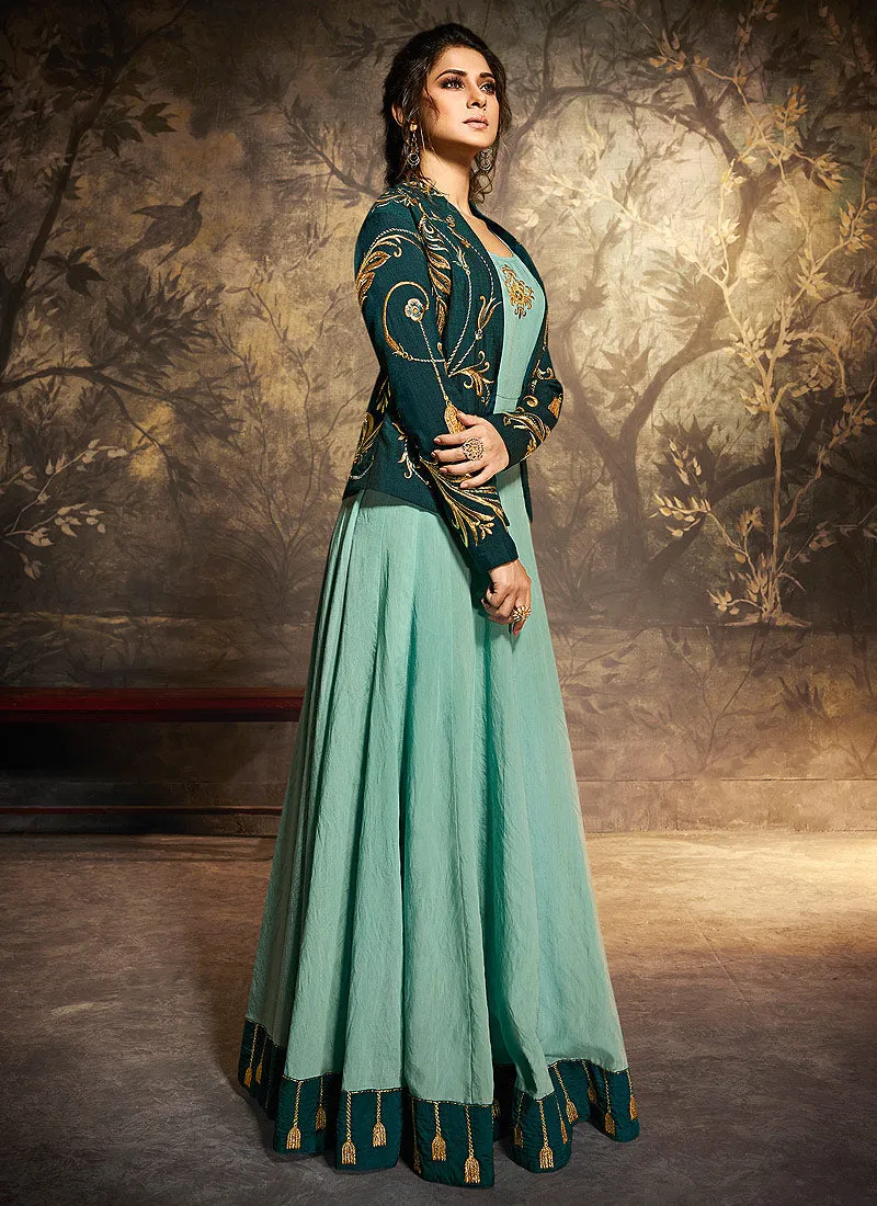 Deep Green Golden Embroidered Jacket Style Anarkali Suit