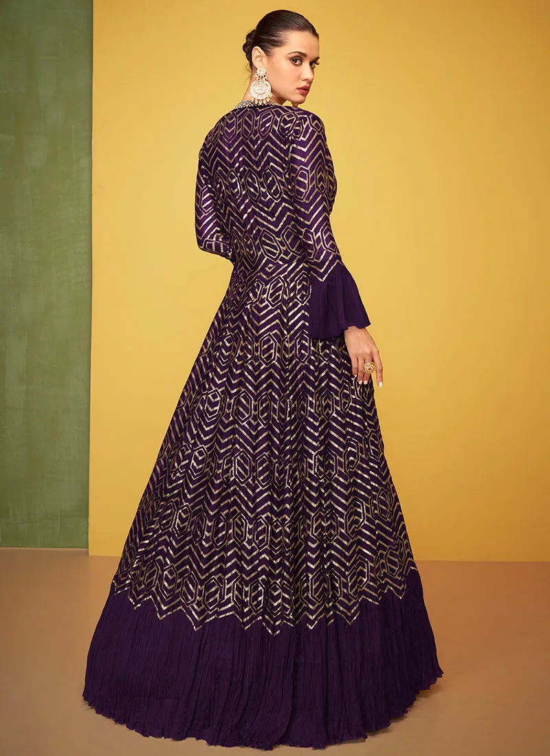 Deep Purple Embroidery Jacket Style Anarkali Gown