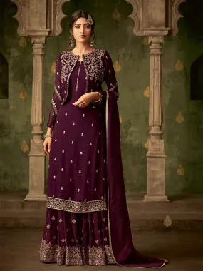 Deep Purple Golden Embroidered Koti Style Georgette Gharara Suit