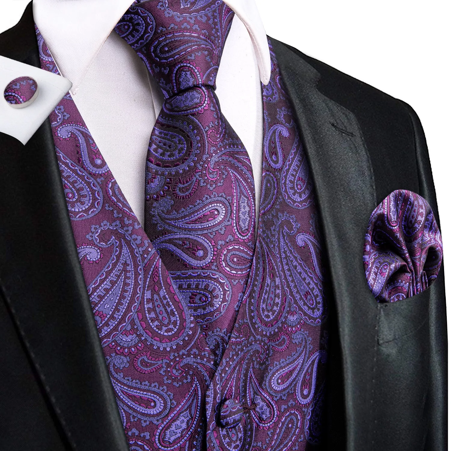 Deep Purple Paisley Men's Vest Hanky Cufflinks Tie Set