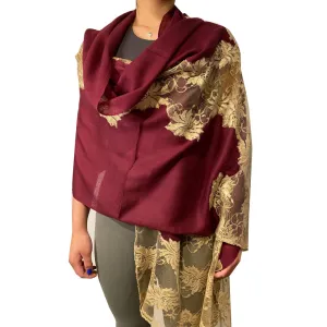 Delhi Wine Burgundy Pashmina Stole with Tan lace insert