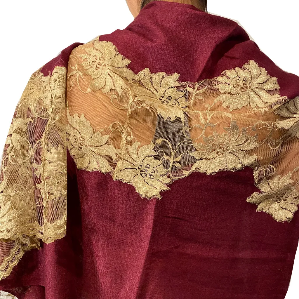 Delhi Wine Burgundy Pashmina Stole with Tan lace insert