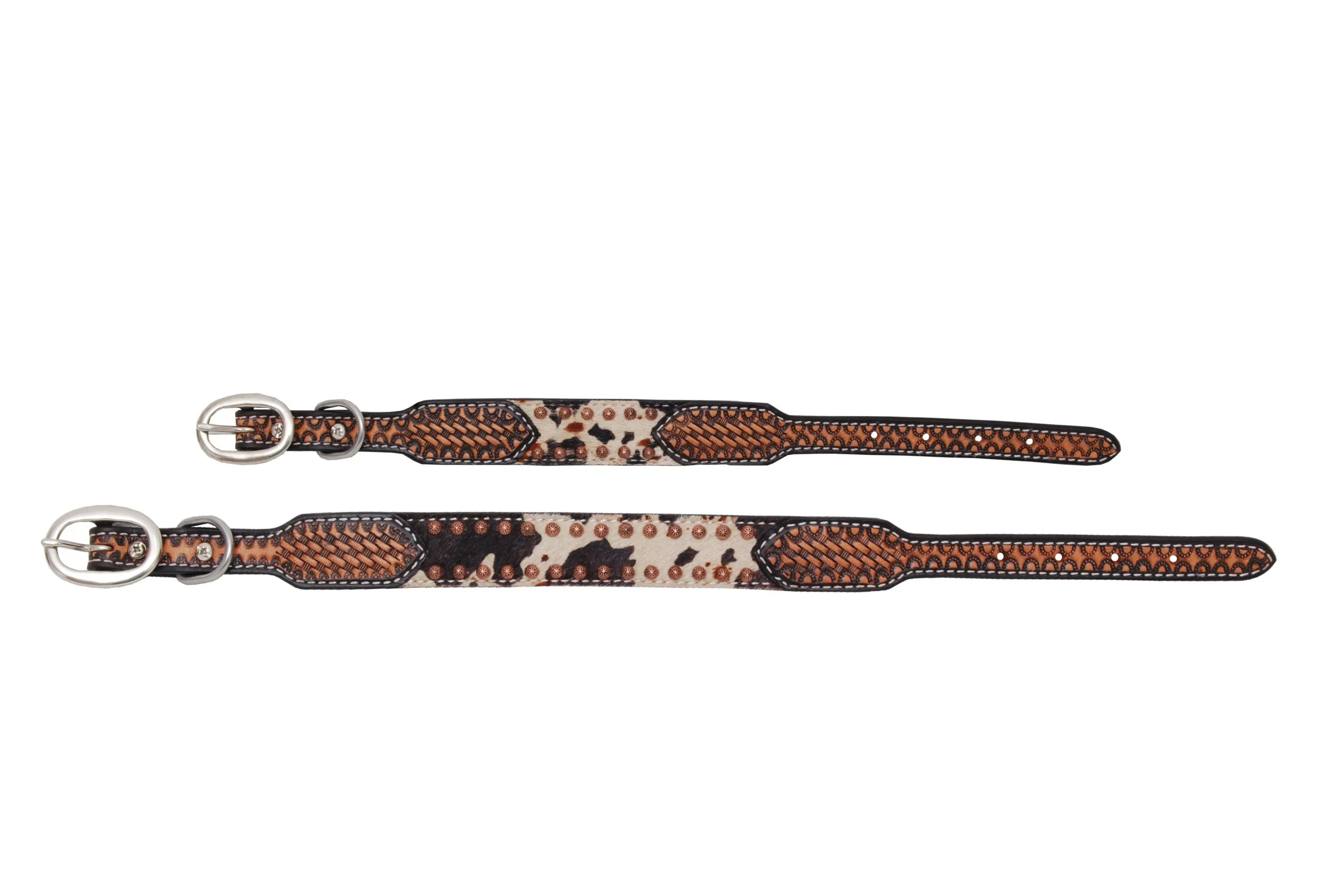 Dog Collar with Peppered Hide, Tooling, Copper Flower Spots & TT Finish