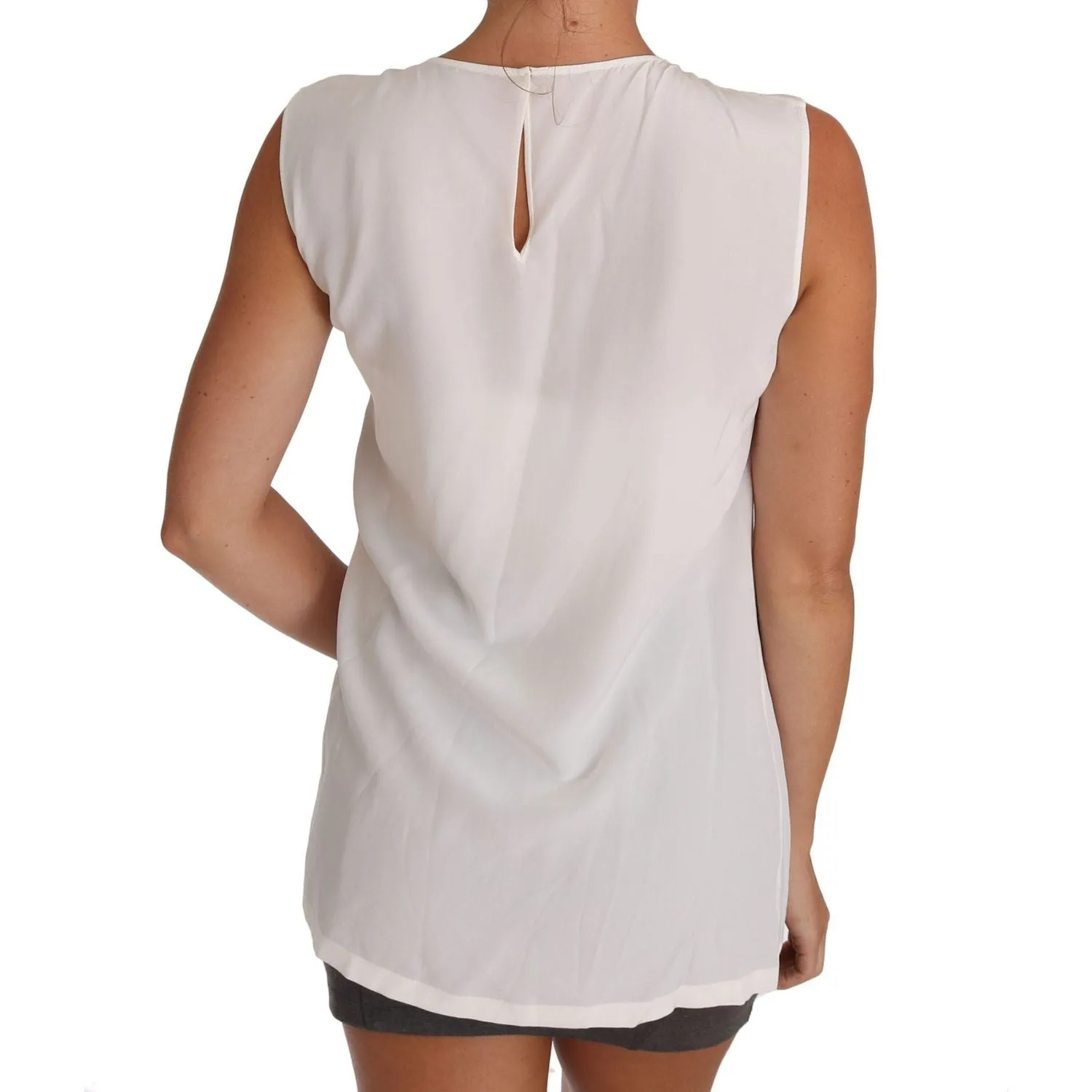 Dolce & Gabbana Elegant White Silk Sleeveless Top with Lace Detail