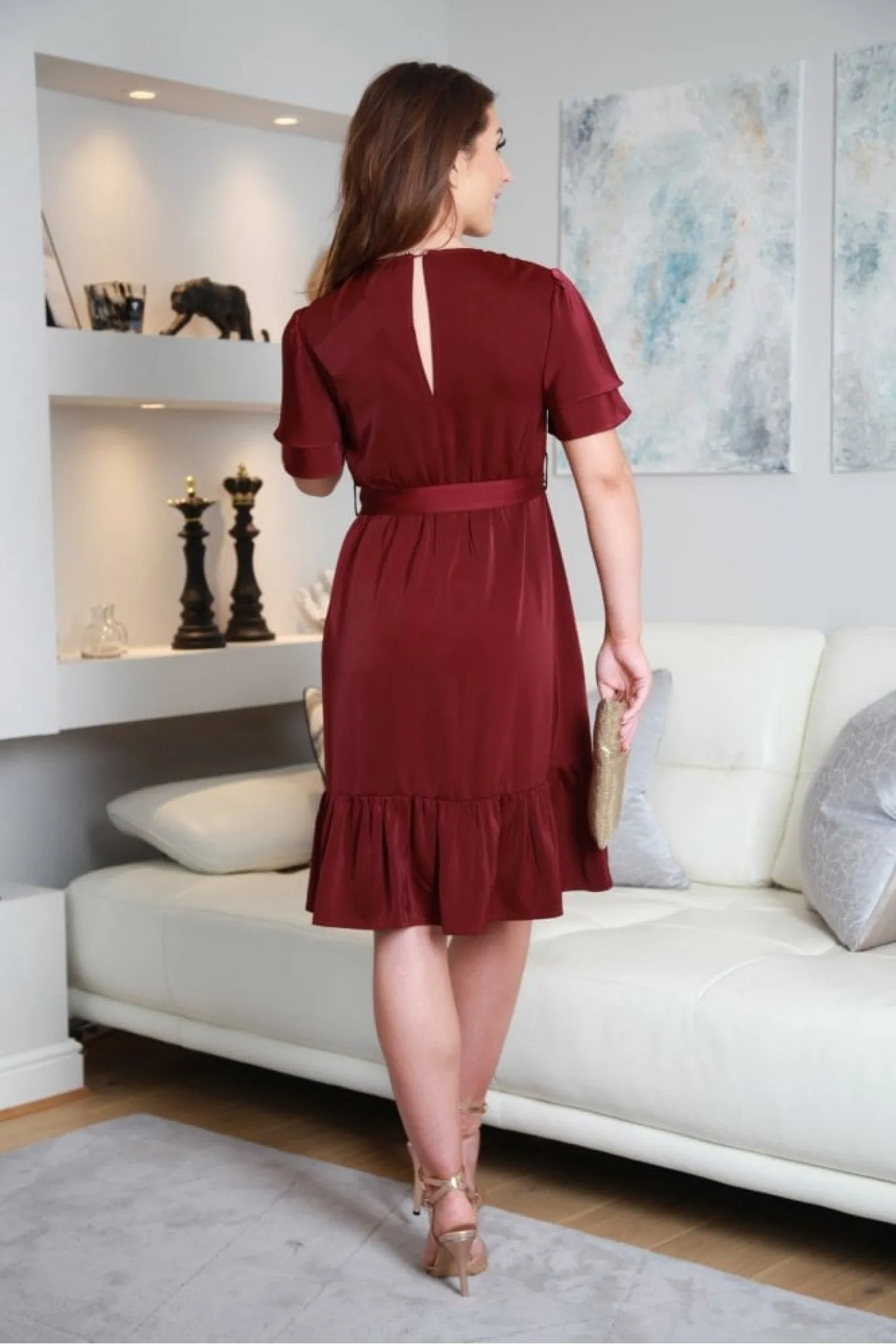 Double Second Burgundy Satin Double Tea Sleeve Wrap Dress