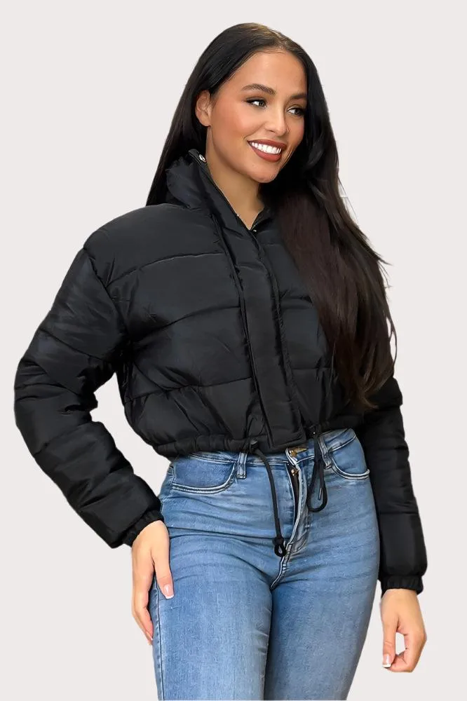 Drawstring Hem High Neck Cropped Puffer Jacket