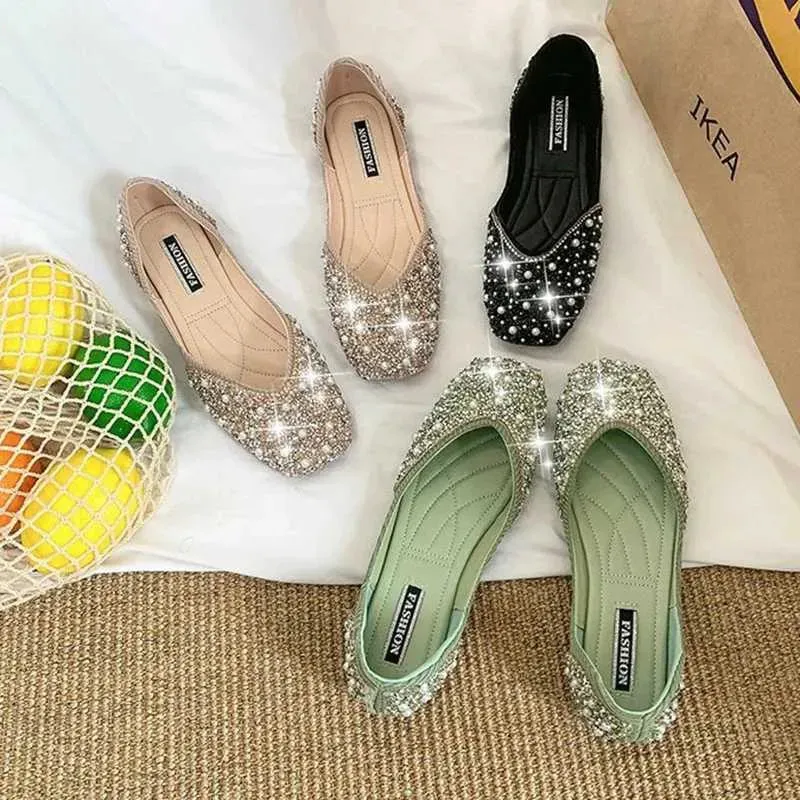 Dress Shoes Sparkling crystal pearl studded ballet shoes womens square toes sliding on a comfortable sofa light cut ballet dancer flat model female XW6.5