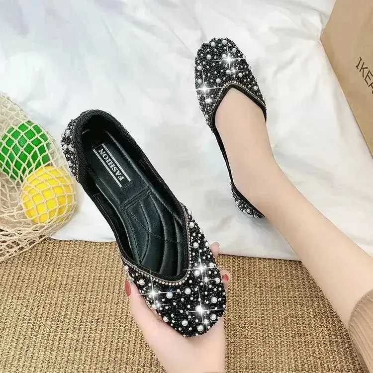 Dress Shoes Sparkling crystal pearl studded ballet shoes womens square toes sliding on a comfortable sofa light cut ballet dancer flat model female XW6.5