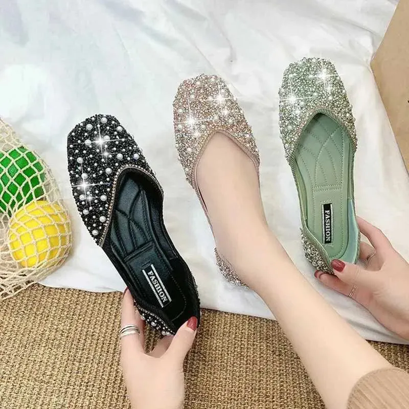 Dress Shoes Sparkling crystal pearl studded ballet shoes womens square toes sliding on a comfortable sofa light cut ballet dancer flat model female XW6.5