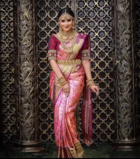 Efflorescence Pink Soft Banarasi Silk Saree With Nemesis Blouse Piece