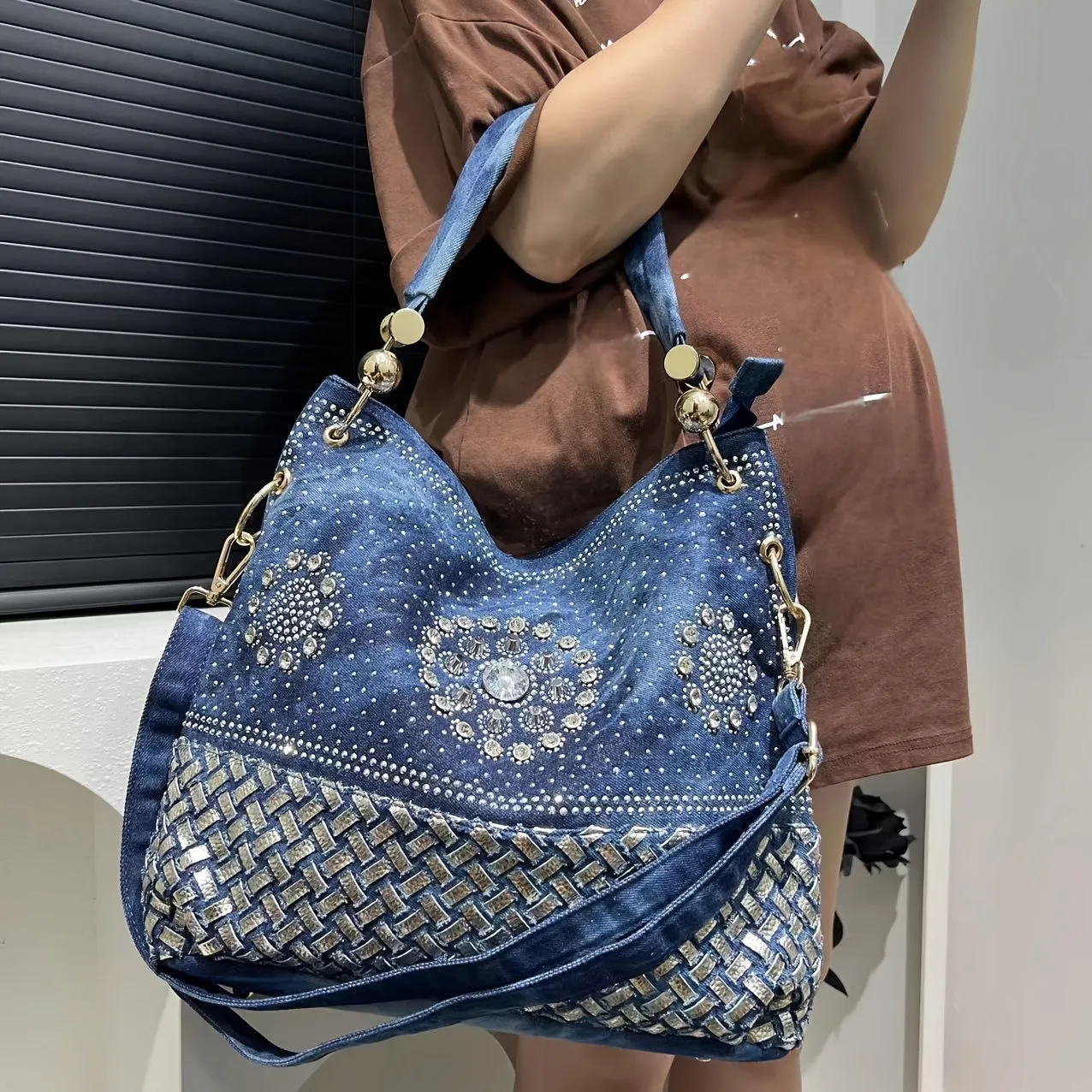 Elegant Denim Bucket Bag with Sparkling Rhinestone Detail - Large Capacity, Removable Strap, Zip Closure for Women