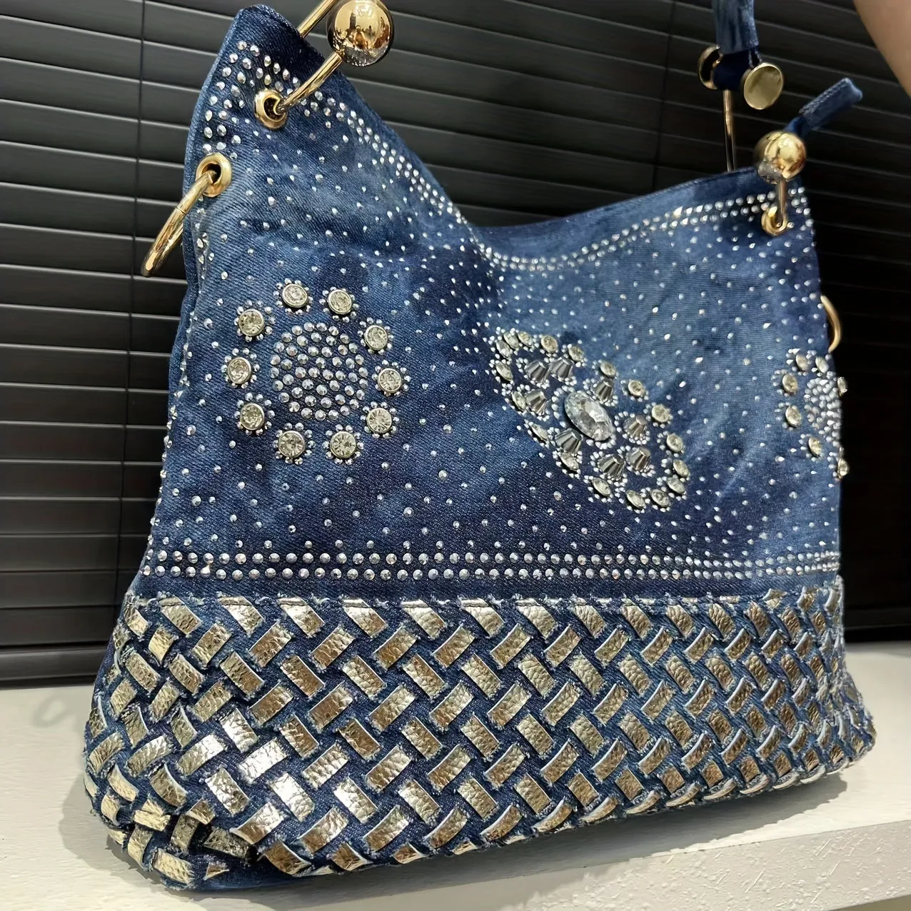 Elegant Denim Bucket Bag with Sparkling Rhinestone Detail - Large Capacity, Removable Strap, Zip Closure for Women